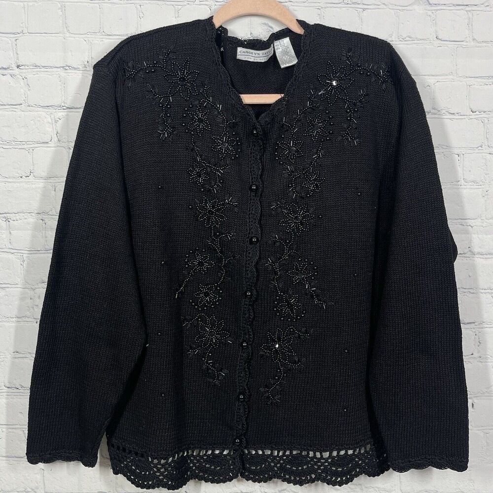 Vintage Cardigan Women Large Embroiderd Beaded Knit Black Artsy Preppy Y2K